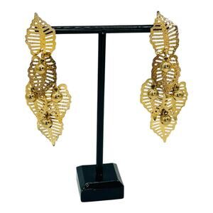Gold Tone Leaf Shape with Beads Long Dangle Statement Earrings Lightweight